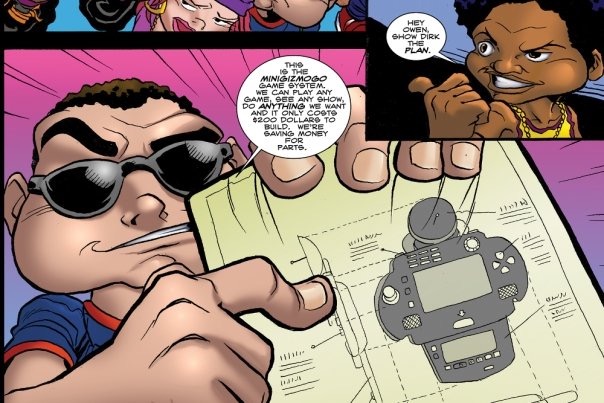 The crew studying a plan in a comic panel