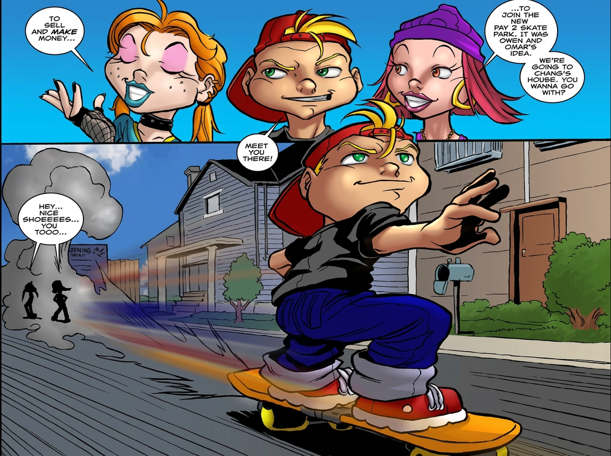 Comic page: Dirk Poor skates off to meet the crew at Chang's house